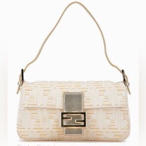 Auth Fendi Baguette white gold zucca Monogram Shoulder Bag  NEW +Certificate COA